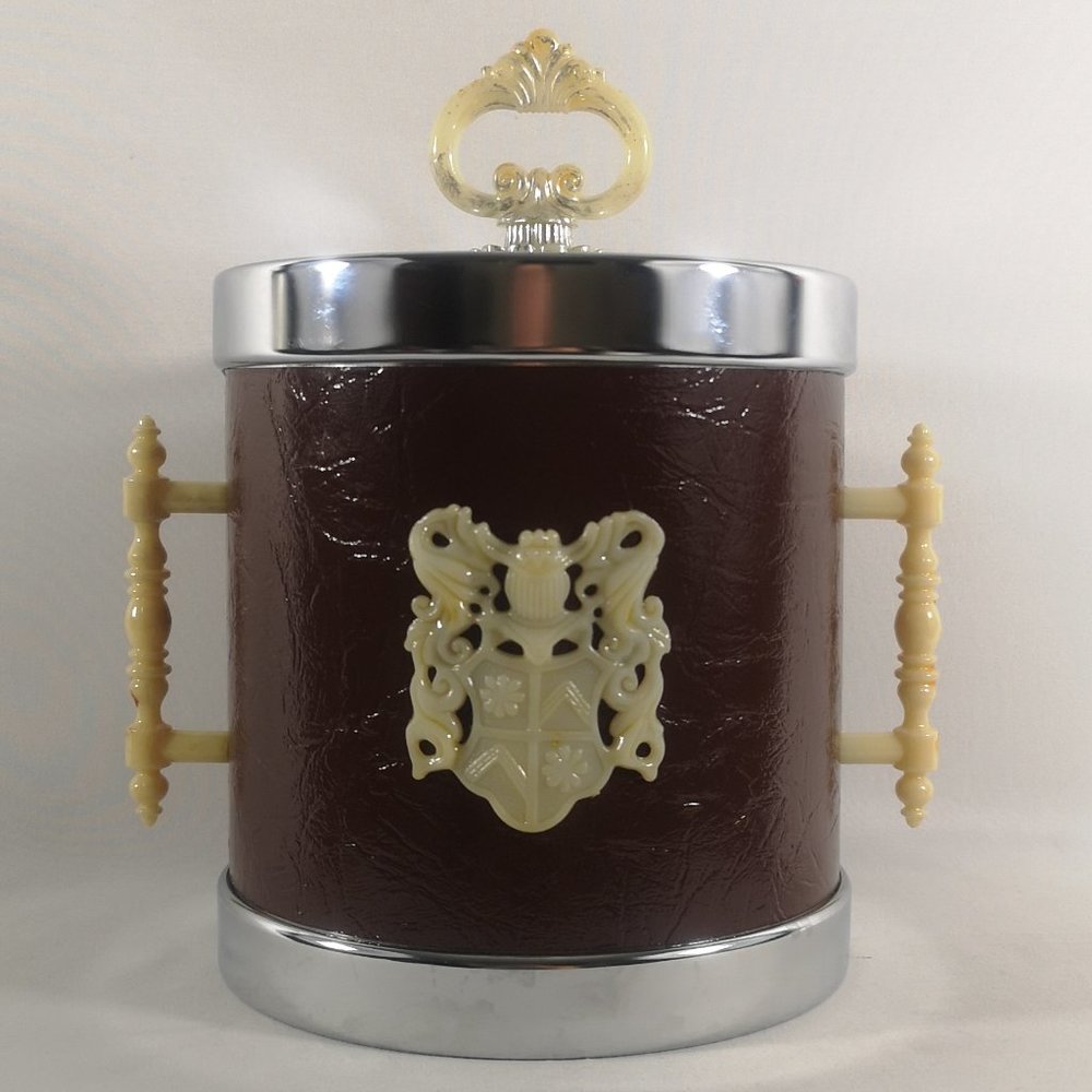 Beautiful Vintage MCM Ice Bucket with Celluloid Spire, Handles & Coat of Arms